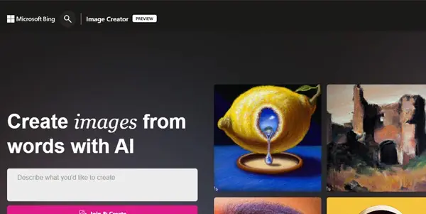 Screenshot of Bing Image Creator