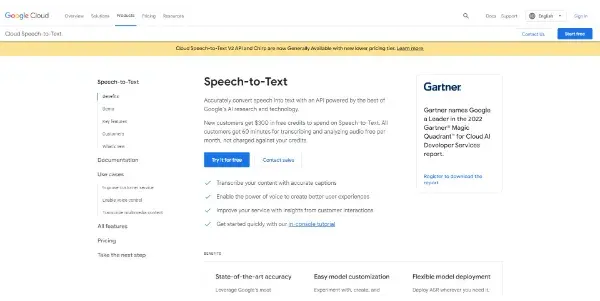 Screenshot of Google Cloud Speech to Text