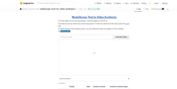 Screenshot of ModelScope Text-To-Video