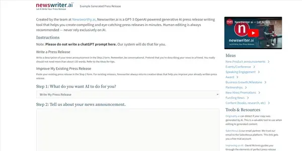 Screenshot of Newswriter AI