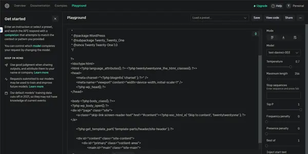 Screenshot of Playground OpenAI