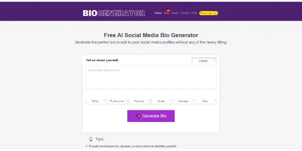 Screenshot of Social Media Bio Generator