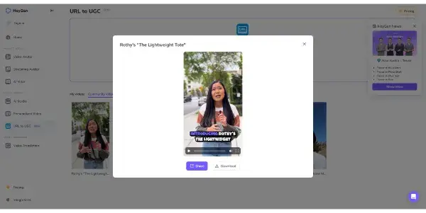 Screenshot of URL to UGC by HeyGen